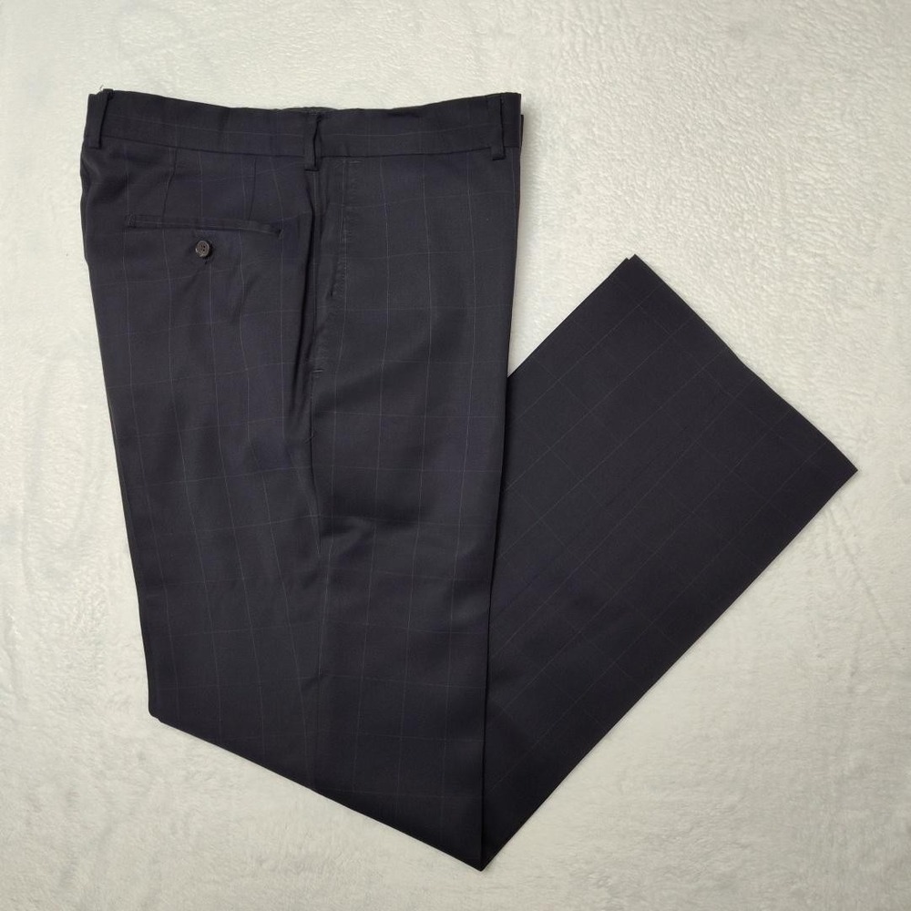 Hugo Boss Pants Men 35x31 Navy Windowpane Dress Slacks Flat Front Lined Business